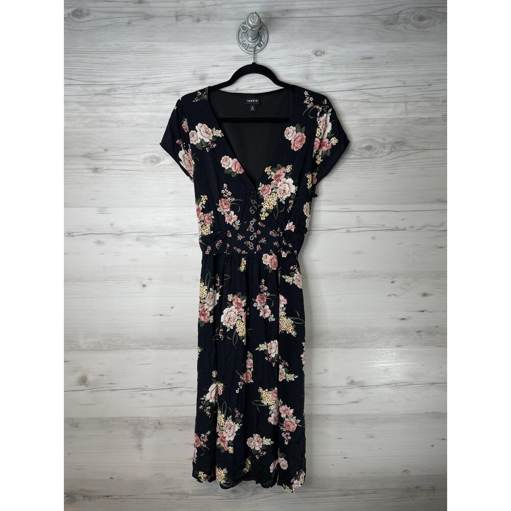 torrid black Floral Midi Dress with Pink and Cream Blooms